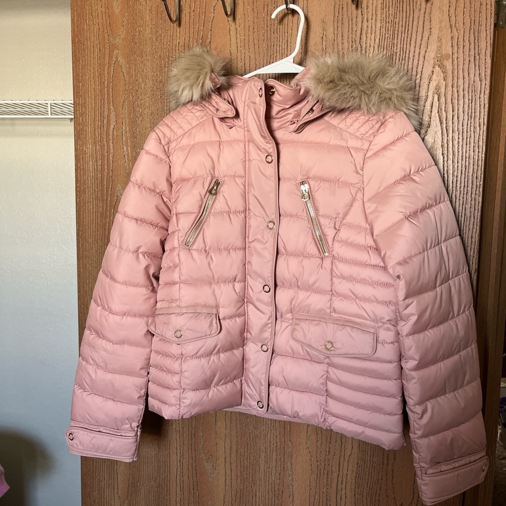 Zara Pink Puffer Jacket with Faux Fur Hood